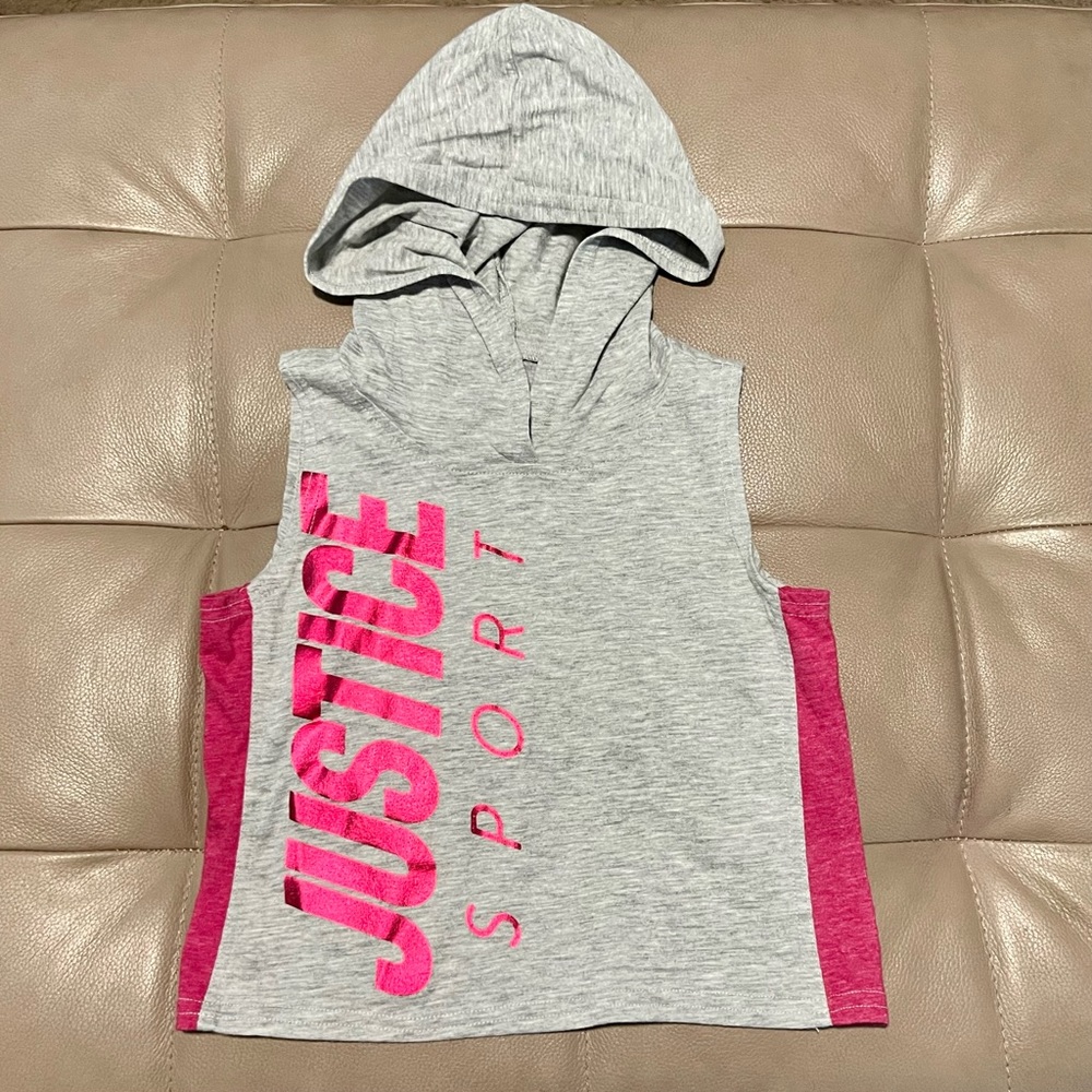 Justice Girls 6/7 metallic pink grey activewear hooded logo tank top